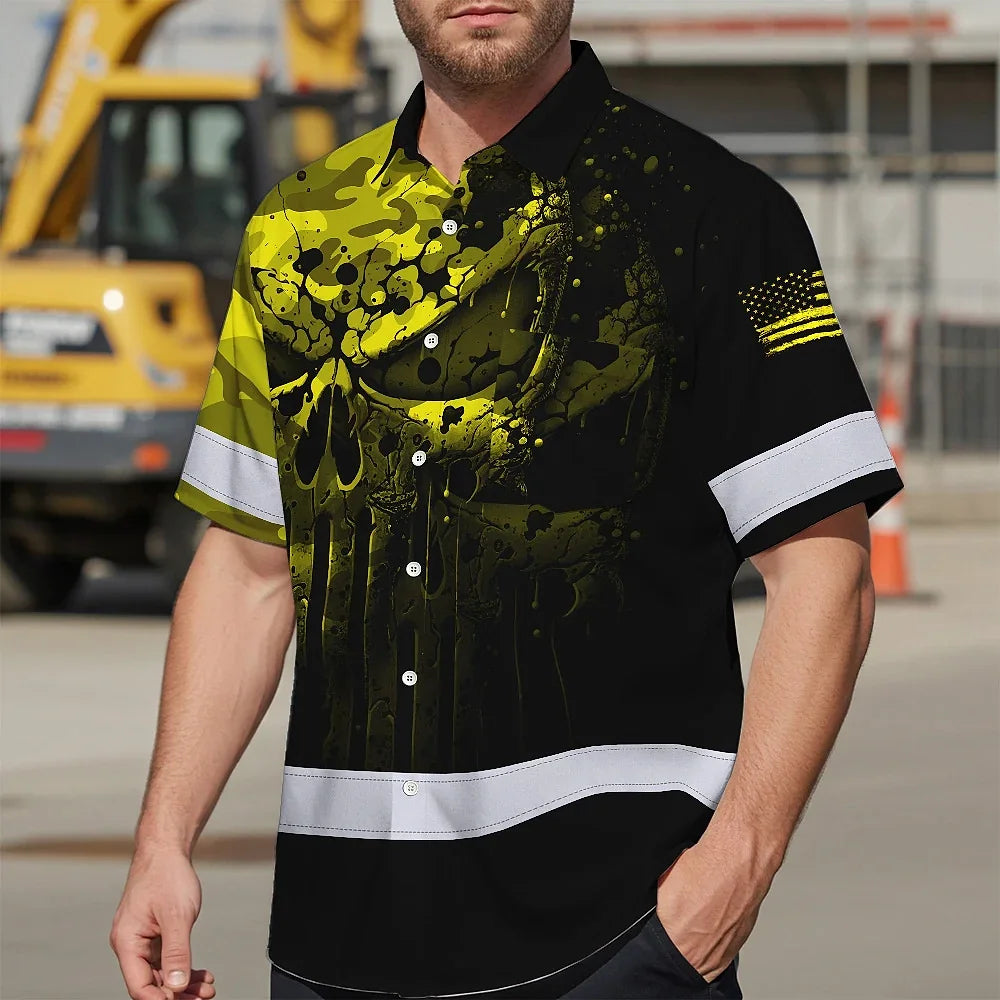 Hi Vis Hawaiian Skull Shirt, Yellow Neon Custom Name High Visibility Short Sleeve Button Down Shirt for Workers, Truckers