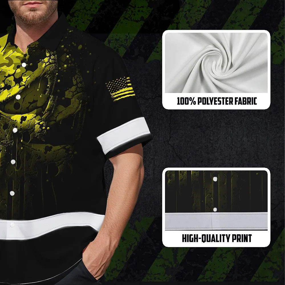 Hi Vis Hawaiian Skull Shirt, Yellow Neon Custom Name High Visibility Short Sleeve Button Down Shirt for Workers, Truckers