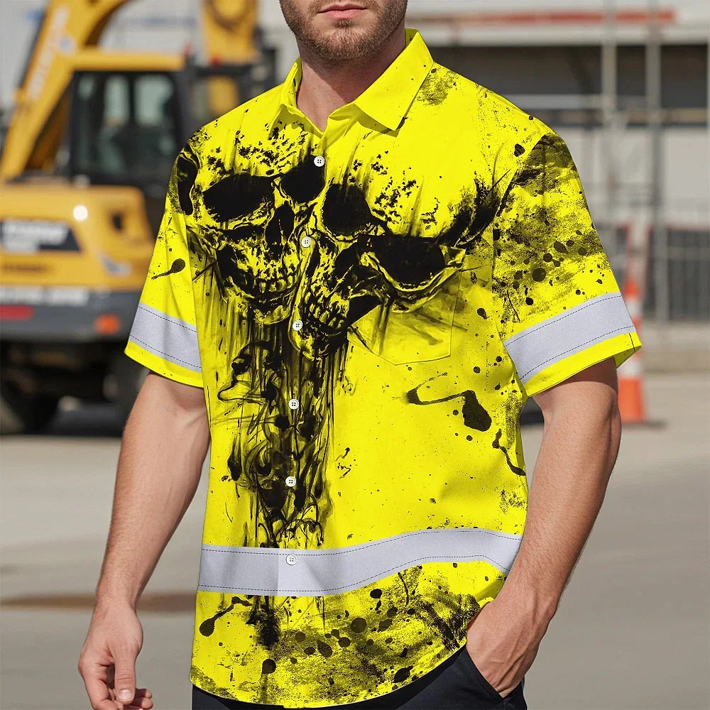 Hi Vis Hawaiian Skull Shirt, Yellow Neon Custom Name High Visibility Short Sleeve Button Down Shirt for Workers, Truckers