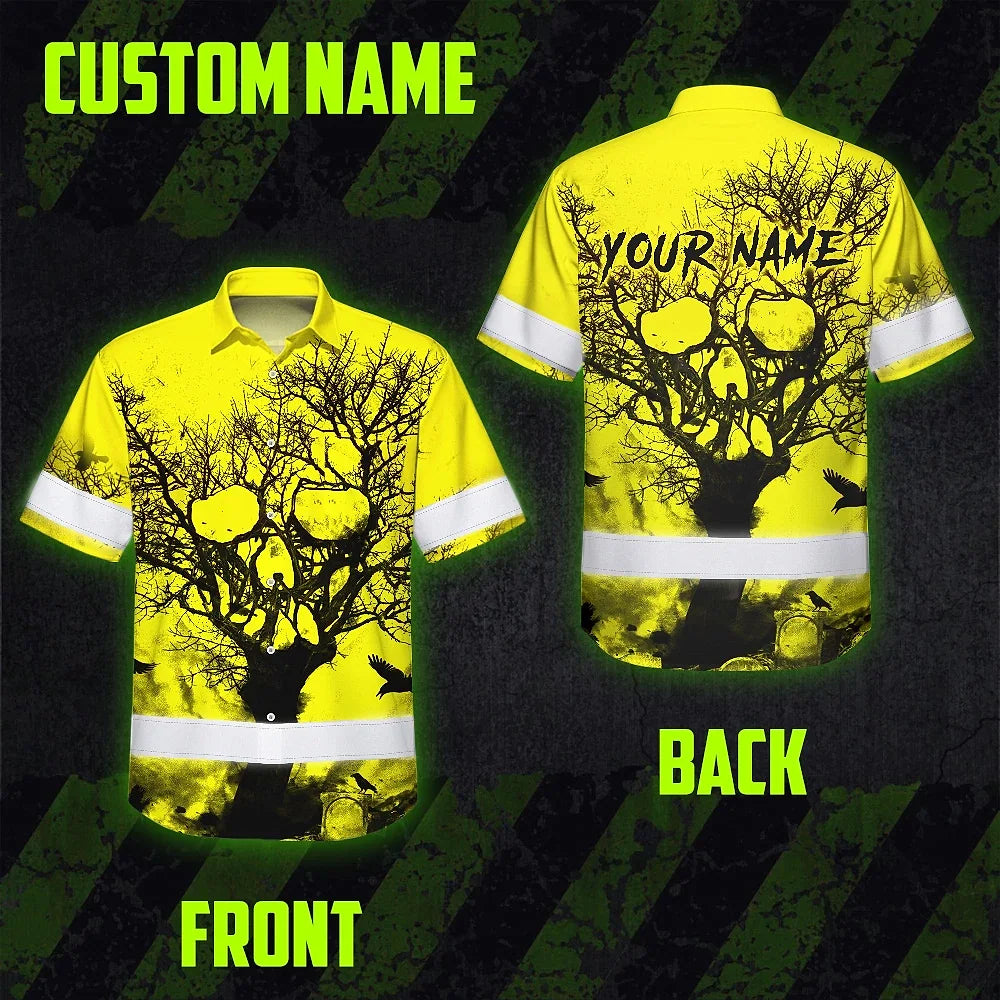 Hi Vis Hawaiian Skull Shirt, Yellow Neon Custom Name High Visibility Short Sleeve Button Down Shirt for Workers, Truckers