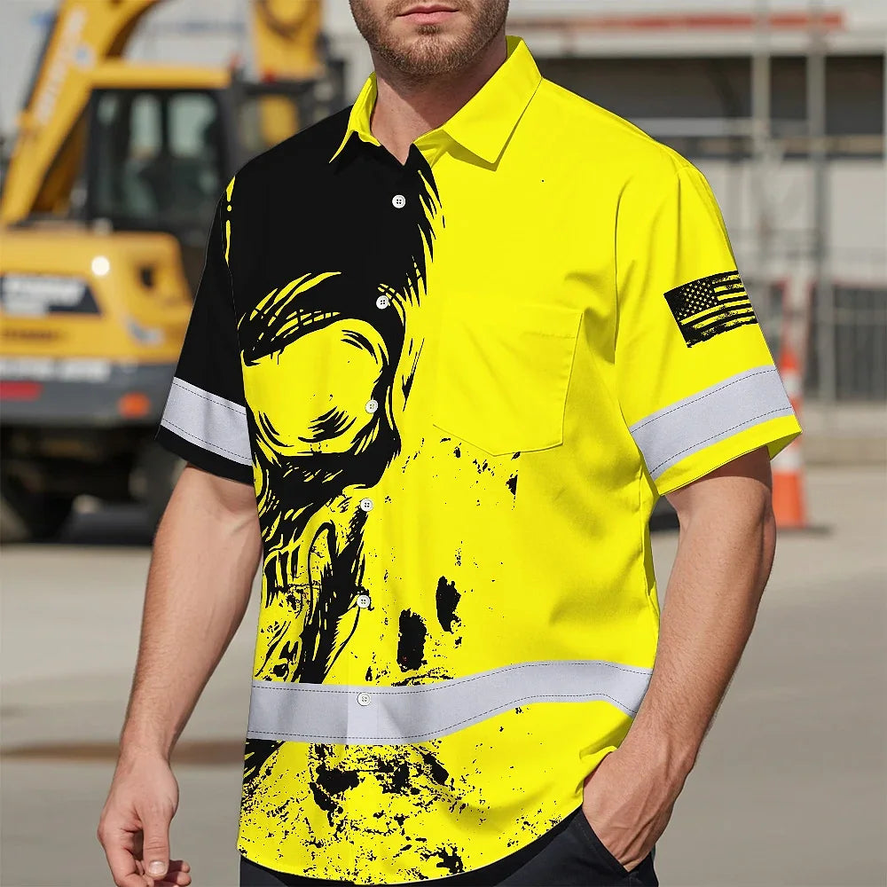 Hi Vis Hawaiian Skull Shirt, Yellow Neon Custom Name High Visibility Short Sleeve Button Down Shirt for Workers, Truckers