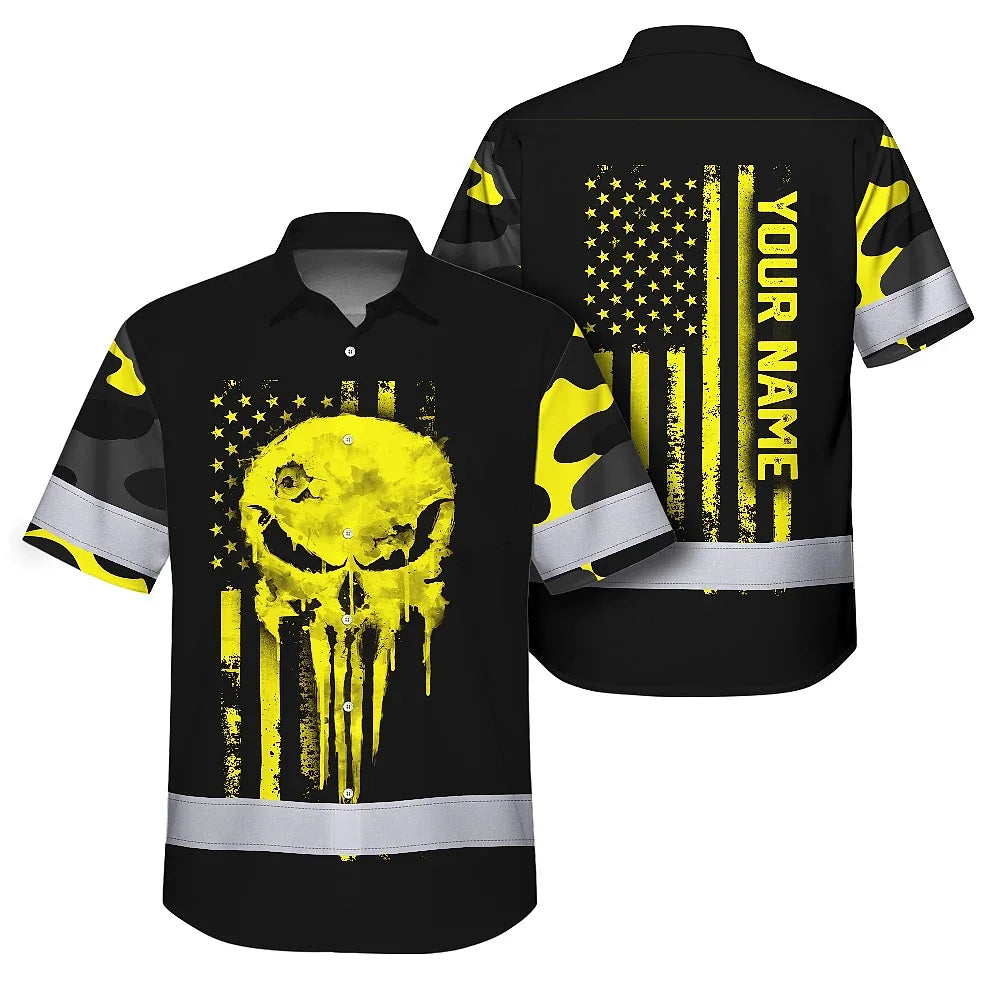 Hi Vis Hawaiian Skull Shirt, Yellow Neon Custom Name High Visibility Short Sleeve Button Down Shirt for Workers, Truckers