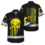 Hi Vis Hawaiian Skull Shirt, Yellow Neon Custom Name High Visibility Short Sleeve Button Down Shirt for Workers, Truckers
