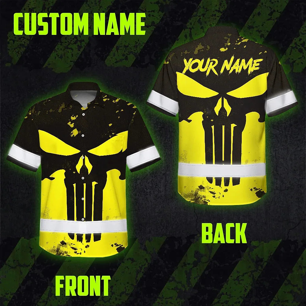 Hi Vis Hawaiian Skull Shirt, Yellow Neon Custom Name High Visibility Short Sleeve Button Down Shirt for Workers, Truckers