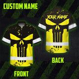 Hi Vis Hawaiian Skull Shirt, Yellow Neon Custom Name High Visibility Short Sleeve Button Down Shirt for Workers, Truckers