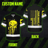 Hi Vis Hawaiian Skull Shirt, Yellow Neon Custom Name High Visibility Short Sleeve Button Down Shirt for Workers, Truckers