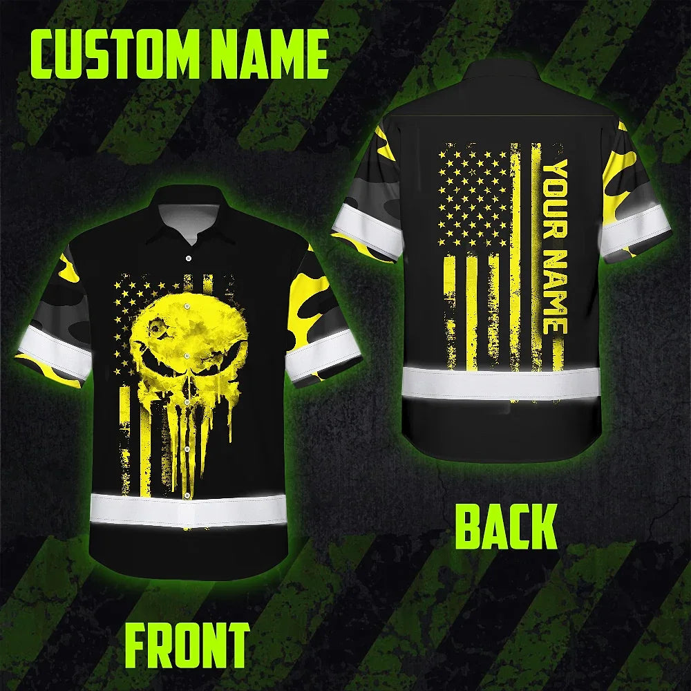 Hi Vis Hawaiian Skull Shirt, Yellow Neon Custom Name High Visibility Short Sleeve Button Down Shirt for Workers, Truckers