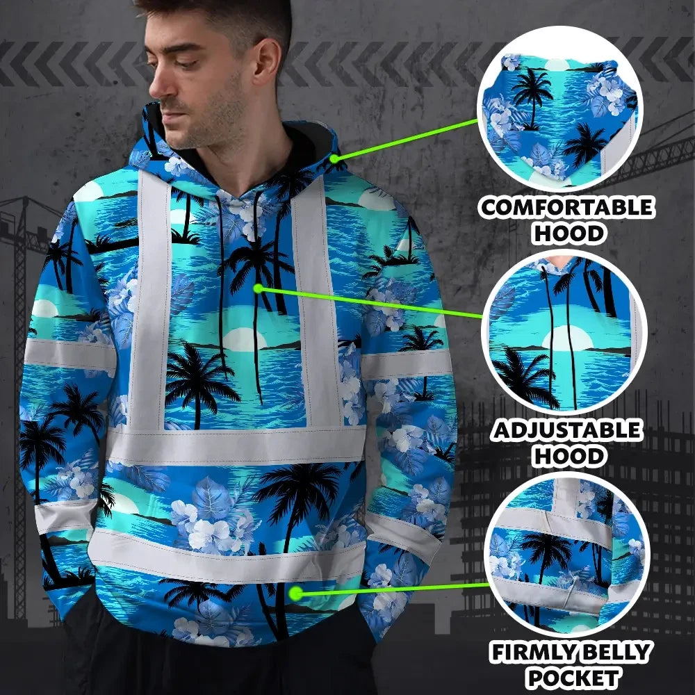 Hi Vis Hoodie Reflective Tapes Blue Neon Flowers 4 Custom Name Safety Workwear For Workers, Truckers, Operators