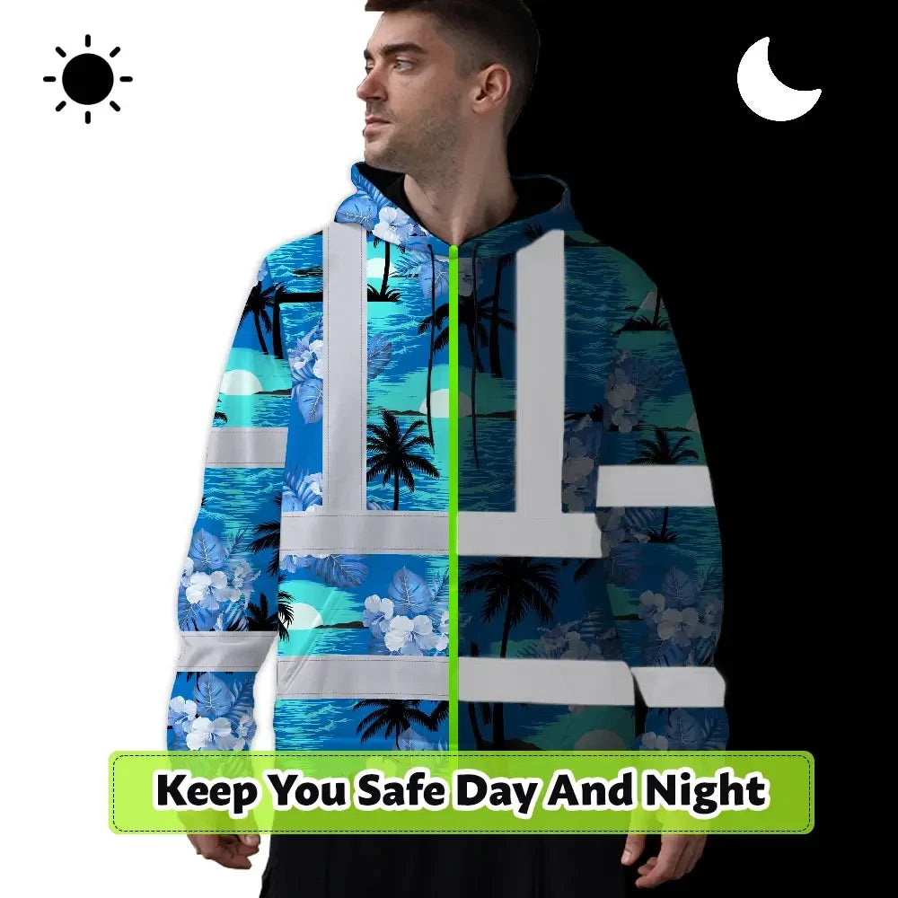 Hi Vis Hoodie Reflective Tapes Blue Neon Flowers 4 Custom Name Safety Workwear For Workers, Truckers, Operators