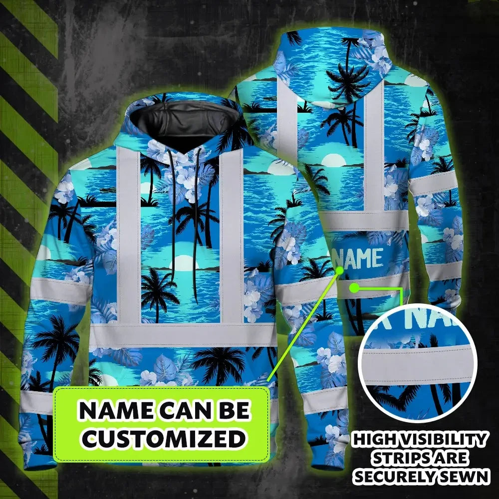 Hi Vis Hoodie Reflective Tapes Blue Neon Flowers 4 Custom Name Safety Workwear For Workers, Truckers, Operators