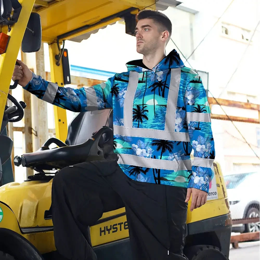 Hi Vis Hoodie Reflective Tapes Blue Neon Flowers 4 Custom Name Safety Workwear For Workers, Truckers, Operators