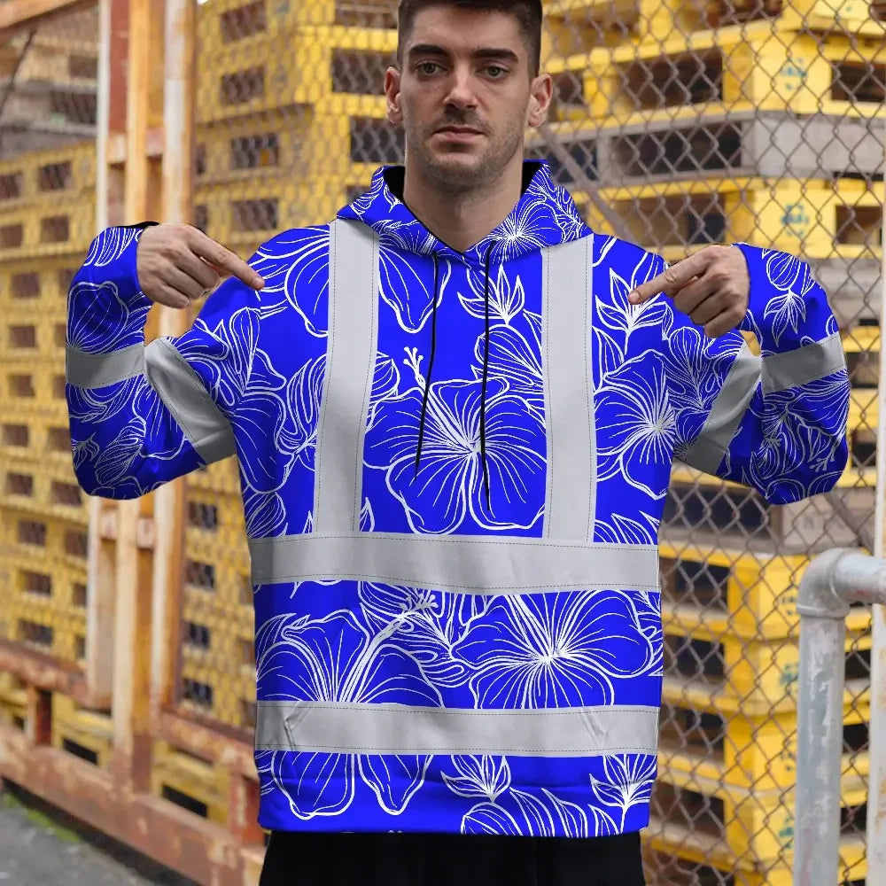 Hi Vis Hoodie Reflective Tapes Blue Neon Flowers Custom Name Safety Workwear For Workers, Truckers, Operators