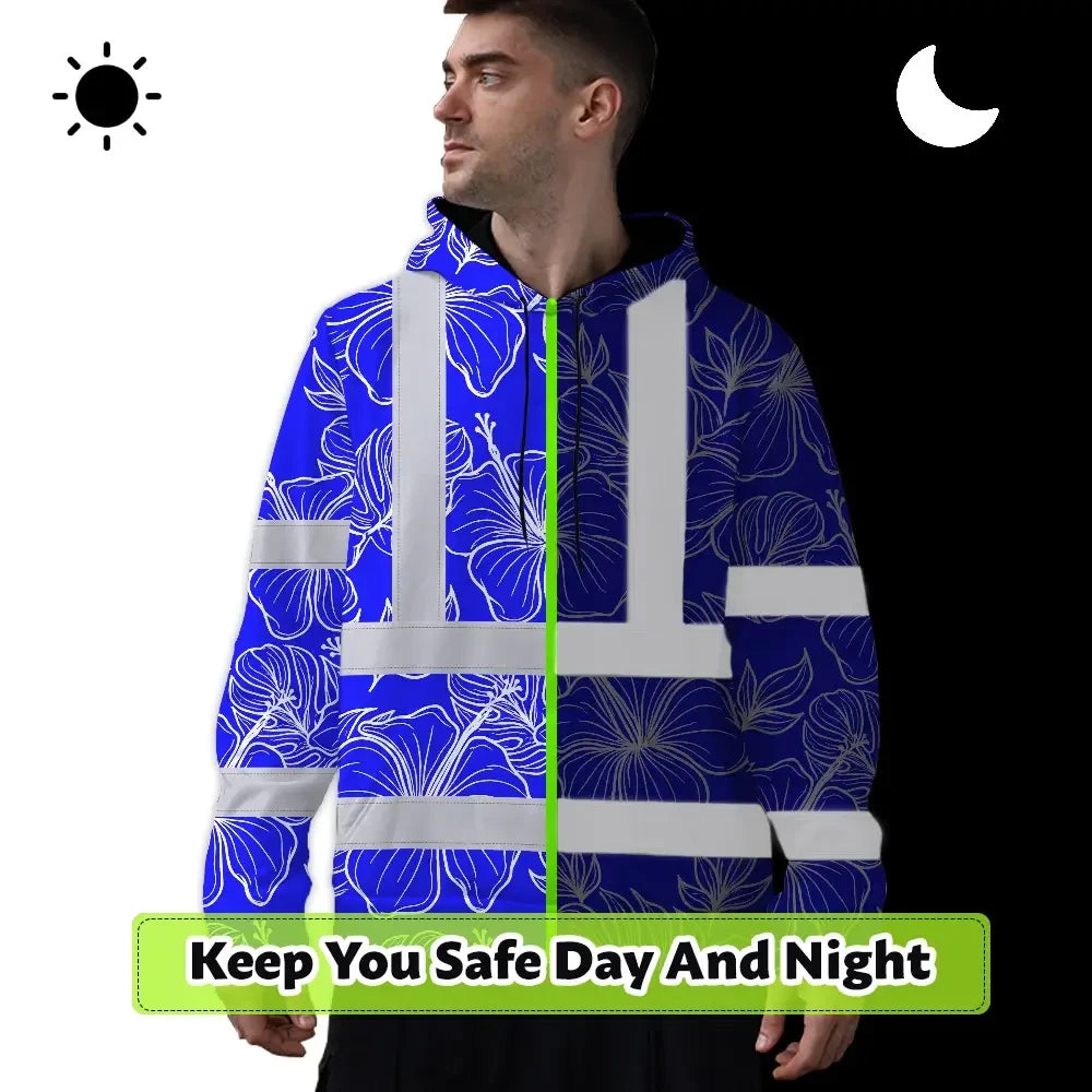 Hi Vis Hoodie Reflective Tapes Blue Neon Flowers Custom Name Safety Workwear For Workers, Truckers, Operators