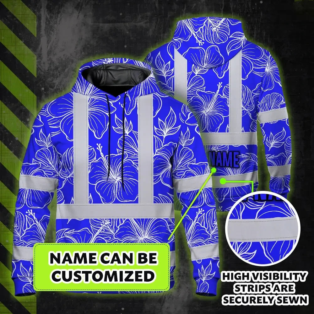 Hi Vis Hoodie Reflective Tapes Blue Neon Flowers Custom Name Safety Workwear For Workers, Truckers, Operators