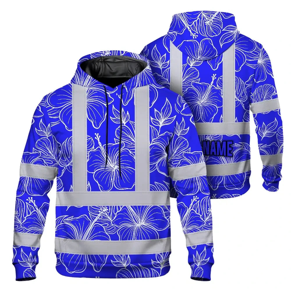 Hi Vis Hoodie Reflective Tapes Blue Neon Flowers Custom Name Safety Workwear For Workers, Truckers, Operators