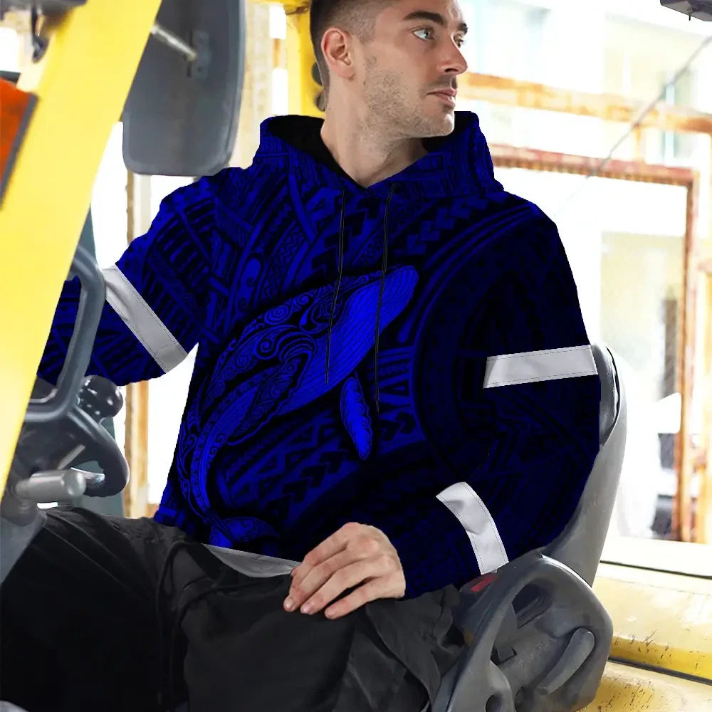 Hi Vis Hoodie Reflective Tapes Blue Neon Hawaii Whale Custom Name Safety Workwear For Workers, Truckers, Operators