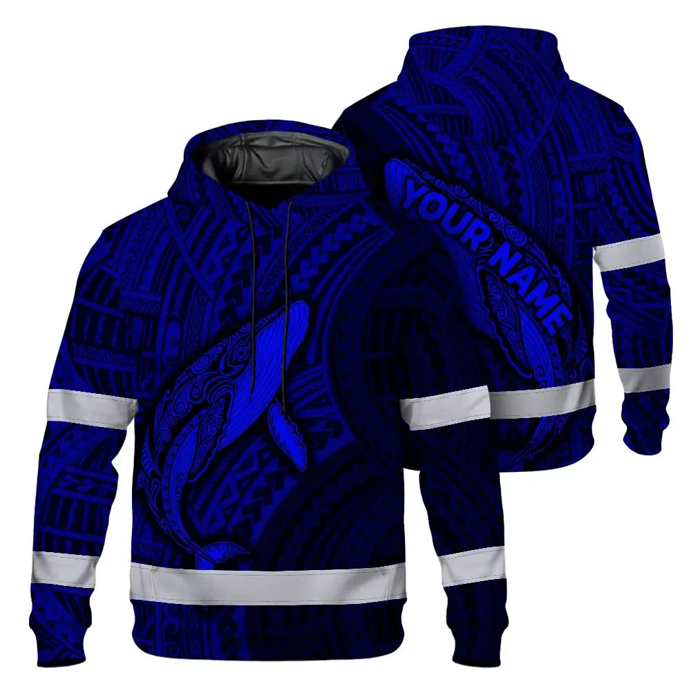 Hi Vis Hoodie Reflective Tapes Blue Neon Hawaii Whale Custom Name Safety Workwear For Workers, Truckers, Operators