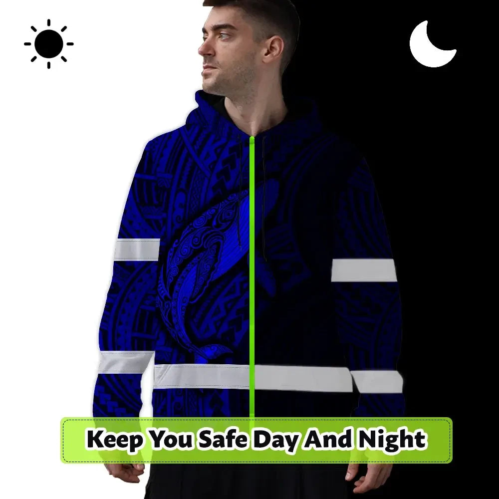 Hi Vis Hoodie Reflective Tapes Blue Neon Hawaii Whale Custom Name Safety Workwear For Workers, Truckers, Operators