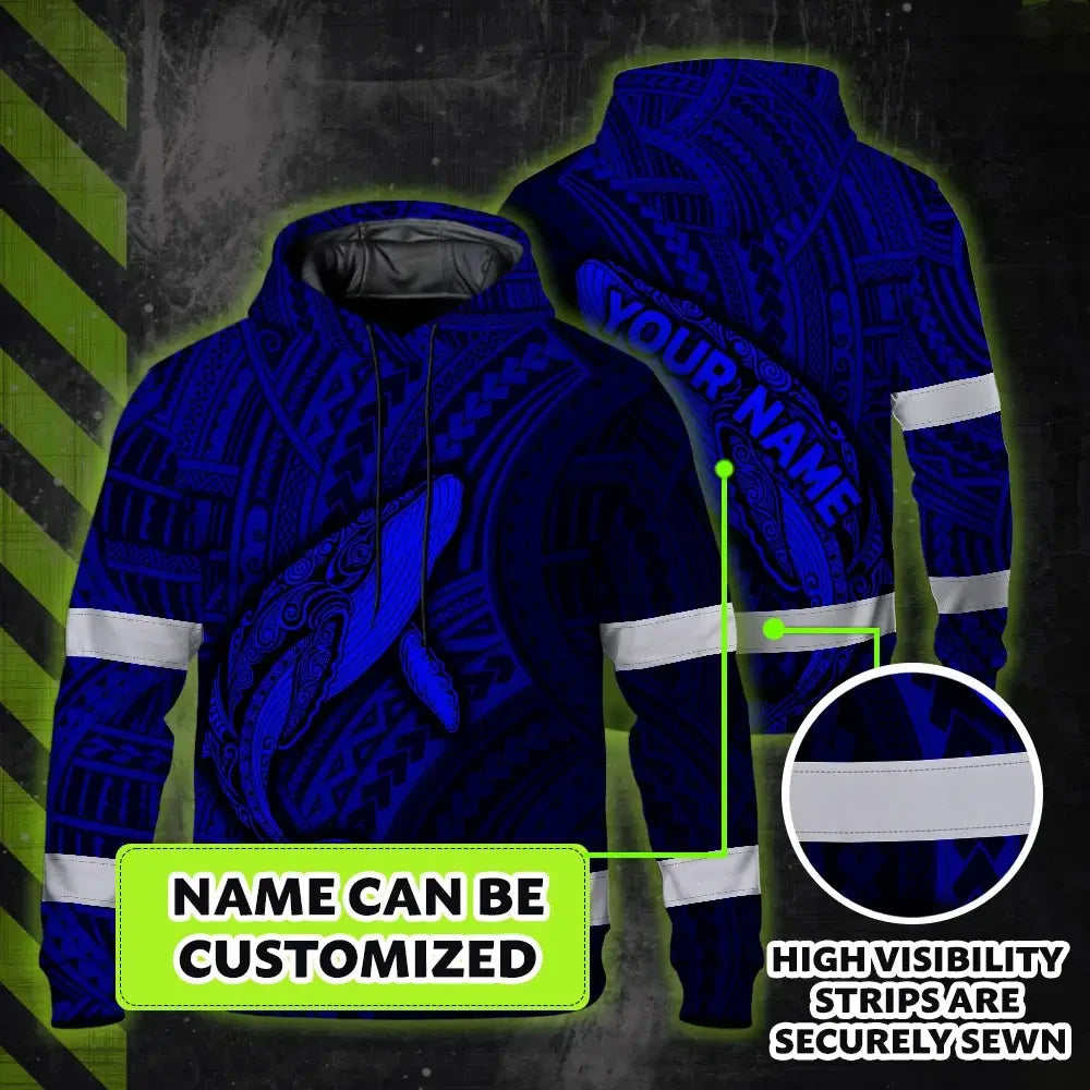 Hi Vis Hoodie Reflective Tapes Blue Neon Hawaii Whale Custom Name Safety Workwear For Workers, Truckers, Operators
