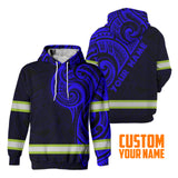 Hi Vis Hoodie Reflective Tapes Blue Neon Hawaiian Polynesian Tribal Custom Name Safety Workwear