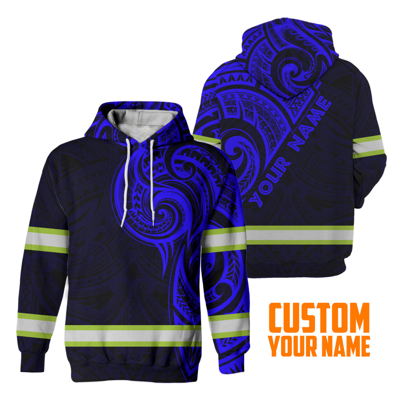 Hi Vis Hoodie Reflective Tapes Blue Neon Hawaiian Polynesian Tribal Custom Name Safety Workwear