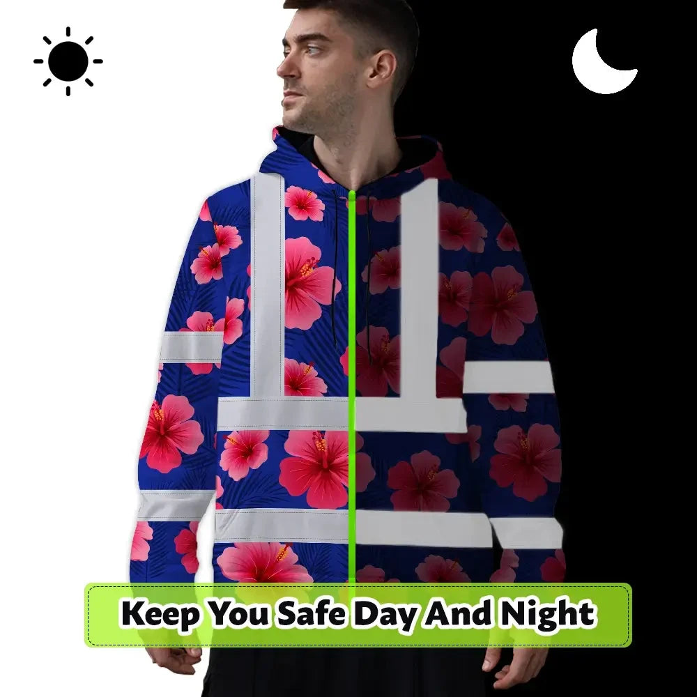 Hi Vis Hoodie Reflective Tapes Blue Neon Pink Flowers Custom Name Safety Workwear For Workers, Truckers, Operators