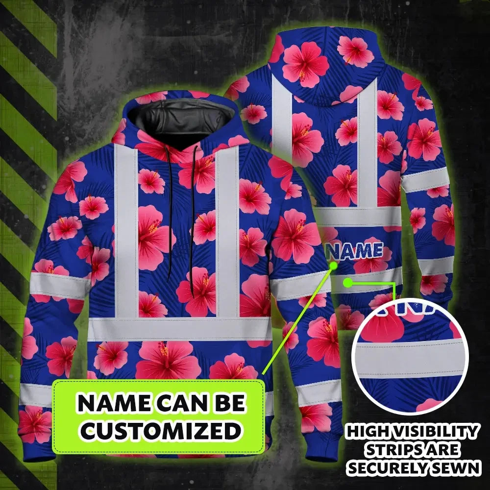 Hi Vis Hoodie Reflective Tapes Blue Neon Pink Flowers Custom Name Safety Workwear For Workers, Truckers, Operators