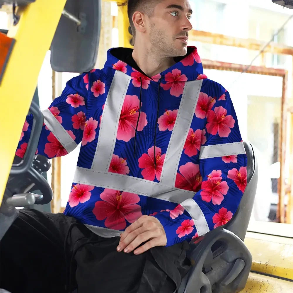 Hi Vis Hoodie Reflective Tapes Blue Neon Pink Flowers Custom Name Safety Workwear For Workers, Truckers, Operators