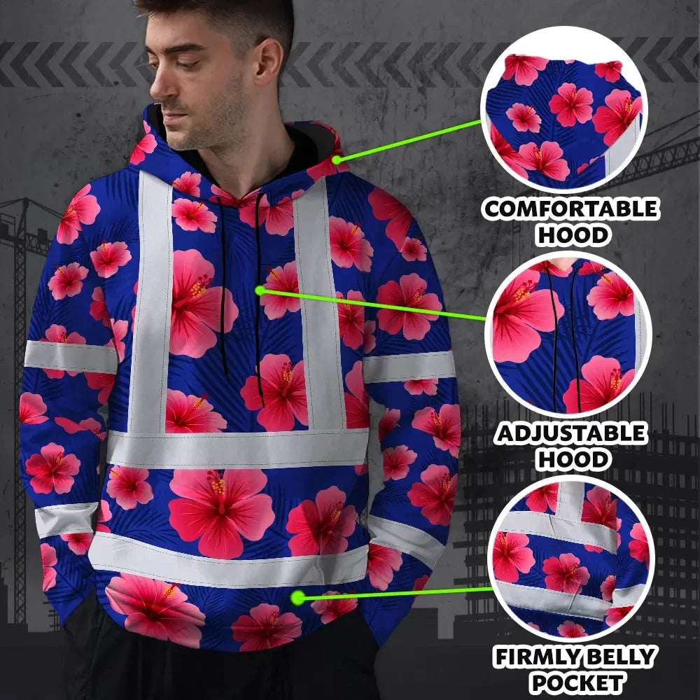 Hi Vis Hoodie Reflective Tapes Blue Neon Pink Flowers Custom Name Safety Workwear For Workers, Truckers, Operators