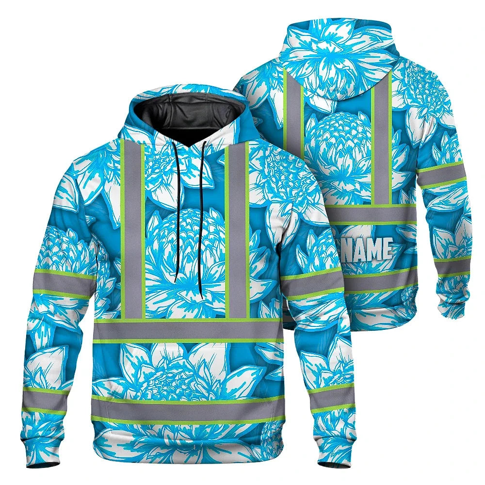 Hi Vis Hoodie Reflective Tapes Blue Neon White Protea Custom Name Safety Workwear For Workers, Truckers, Operators