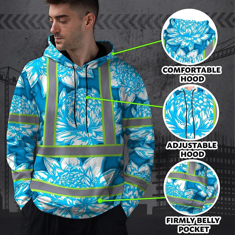 Hi Vis Hoodie Reflective Tapes Blue Neon White Protea Custom Name Safety Workwear For Workers, Truckers, Operators