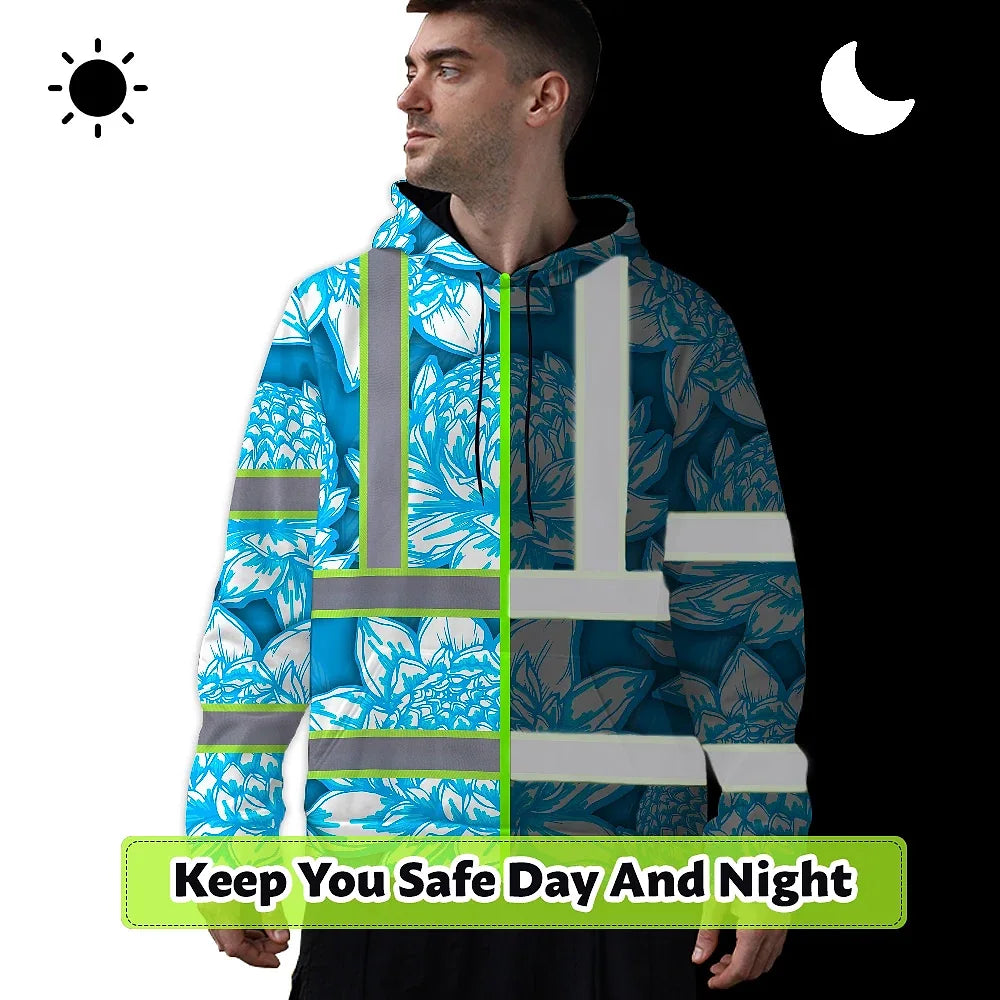 Hi Vis Hoodie Reflective Tapes Blue Neon White Protea Custom Name Safety Workwear For Workers, Truckers, Operators