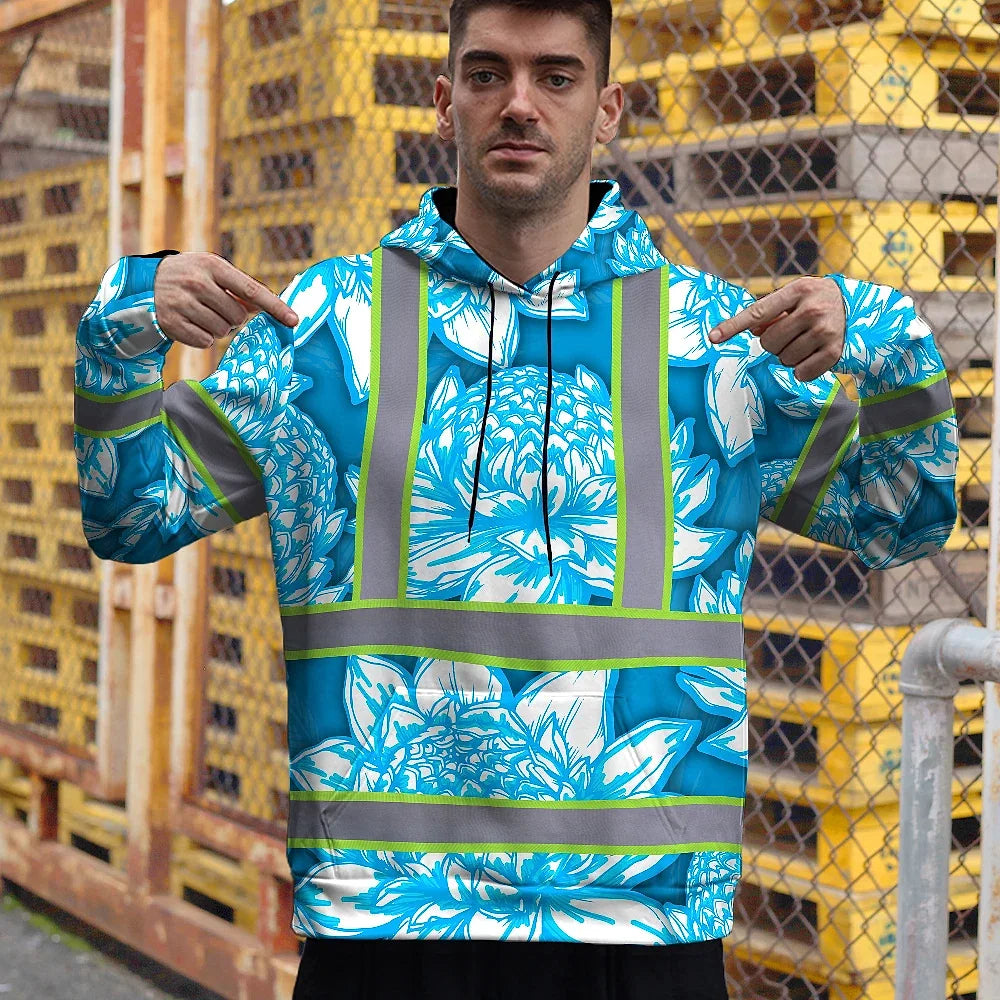 Hi Vis Hoodie Reflective Tapes Blue Neon White Protea Custom Name Safety Workwear For Workers, Truckers, Operators