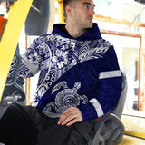 Hi Vis Hoodie Reflective Tapes Blue White Turtle Hawaiian Polynesian Tribal Custom Name Safety Workwear For Workers, Truckers, Operators
