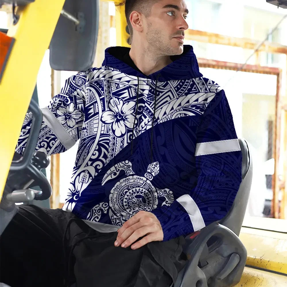 Hi Vis Hoodie Reflective Tapes Blue White Turtle Hawaiian Polynesian Tribal Custom Name Safety Workwear For Workers, Truckers, Operators