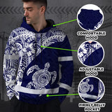 Hi Vis Hoodie Reflective Tapes Blue White Turtle Hawaiian Polynesian Tribal Custom Name Safety Workwear For Workers, Truckers, Operators