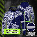 Hi Vis Hoodie Reflective Tapes Blue White Turtle Hawaiian Polynesian Tribal Custom Name Safety Workwear For Workers, Truckers, Operators