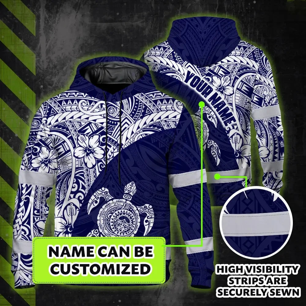 Hi Vis Hoodie Reflective Tapes Blue White Turtle Hawaiian Polynesian Tribal Custom Name Safety Workwear For Workers, Truckers, Operators