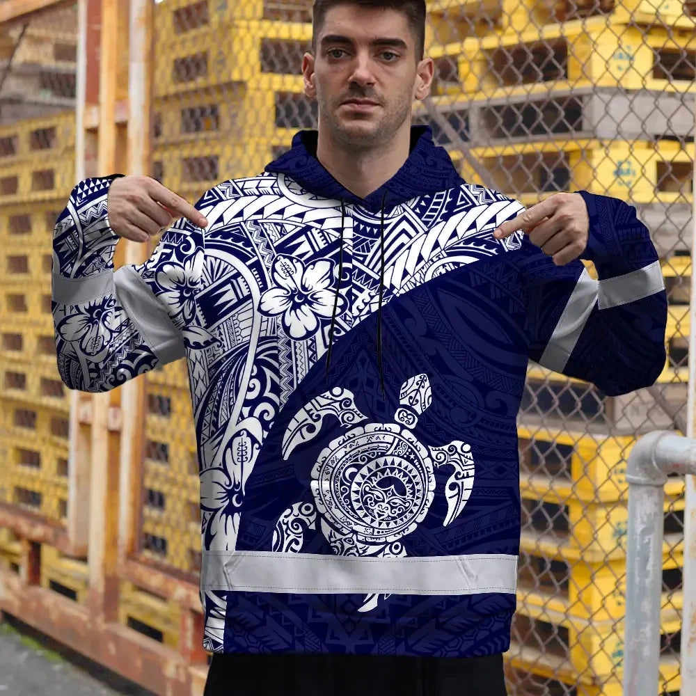 Hi Vis Hoodie Reflective Tapes Blue White Turtle Hawaiian Polynesian Tribal Custom Name Safety Workwear For Workers, Truckers, Operators