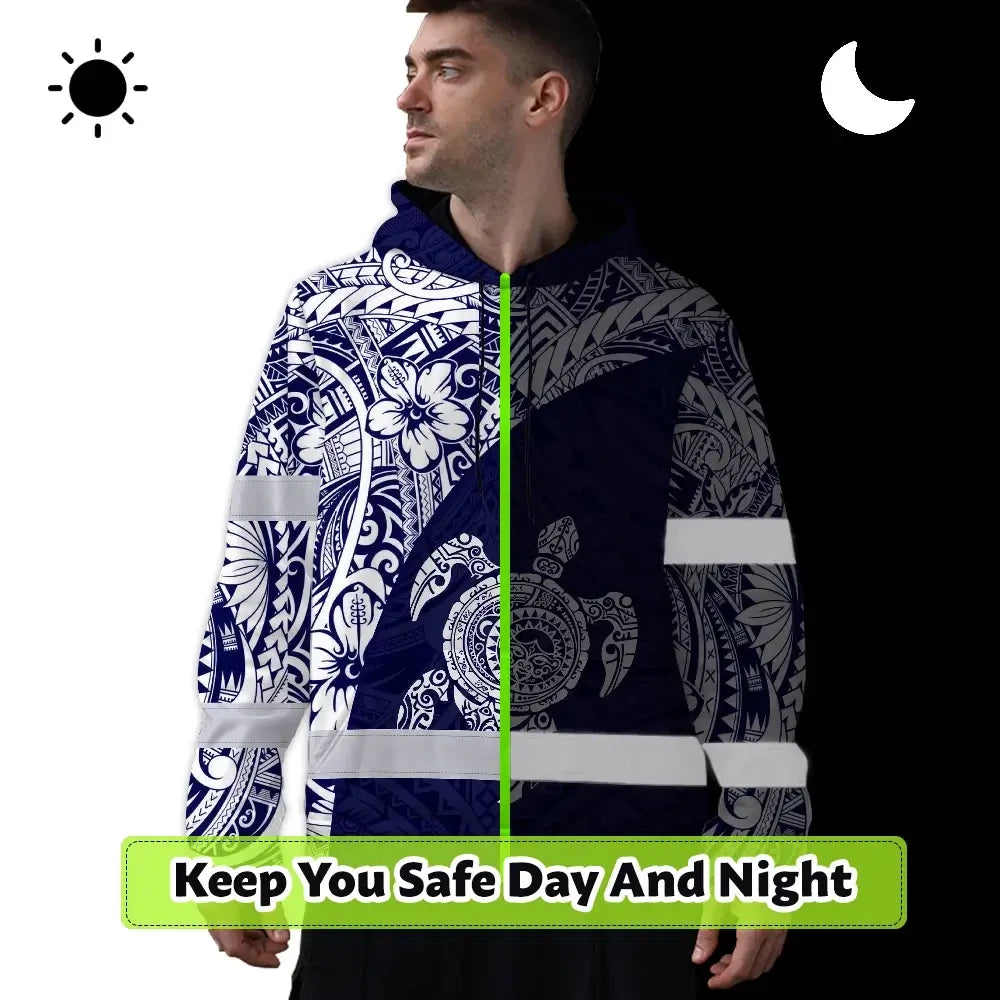 Hi Vis Hoodie Reflective Tapes Blue White Turtle Hawaiian Polynesian Tribal Custom Name Safety Workwear For Workers, Truckers, Operators