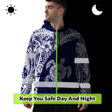 Hi Vis Hoodie Reflective Tapes Blue White Turtle Hawaiian Polynesian Tribal Custom Name Safety Workwear For Workers, Truckers, Operators