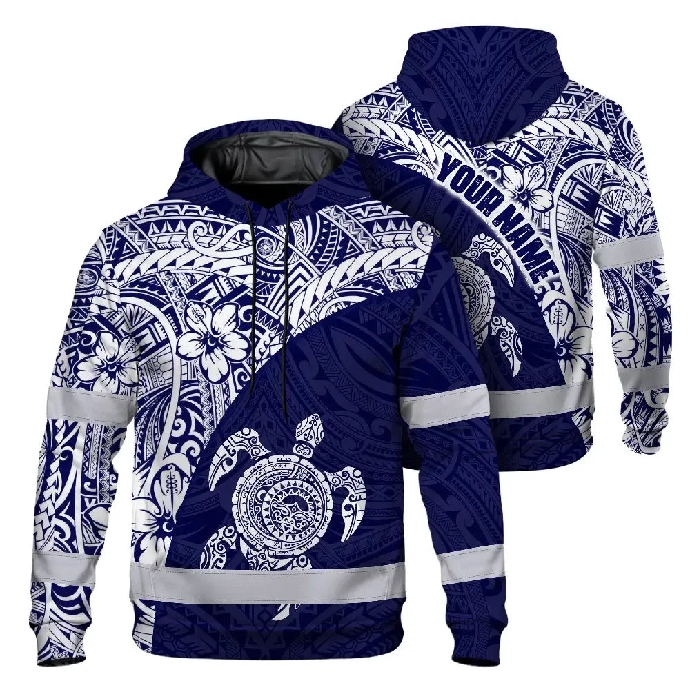 Hi Vis Hoodie Reflective Tapes Blue White Turtle Hawaiian Polynesian Tribal Custom Name Safety Workwear For Workers, Truckers, Operators