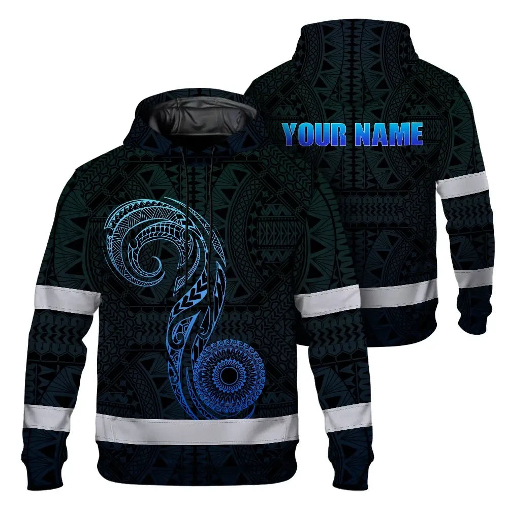 Hi Vis Hoodie Reflective Tapes Gradient Blue Neon Hawaii Custom Name Safety Workwear For Workers, Truckers, Operators
