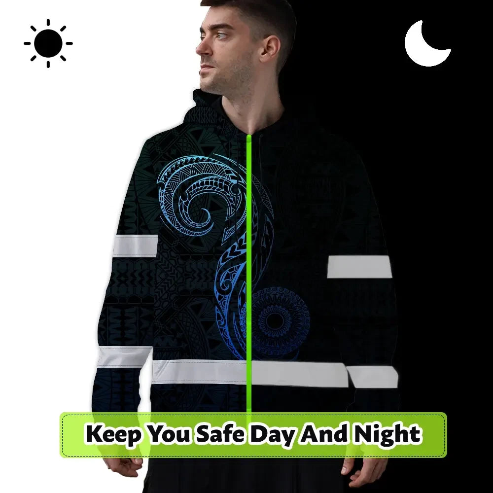Hi Vis Hoodie Reflective Tapes Gradient Blue Neon Hawaii Custom Name Safety Workwear For Workers, Truckers, Operators