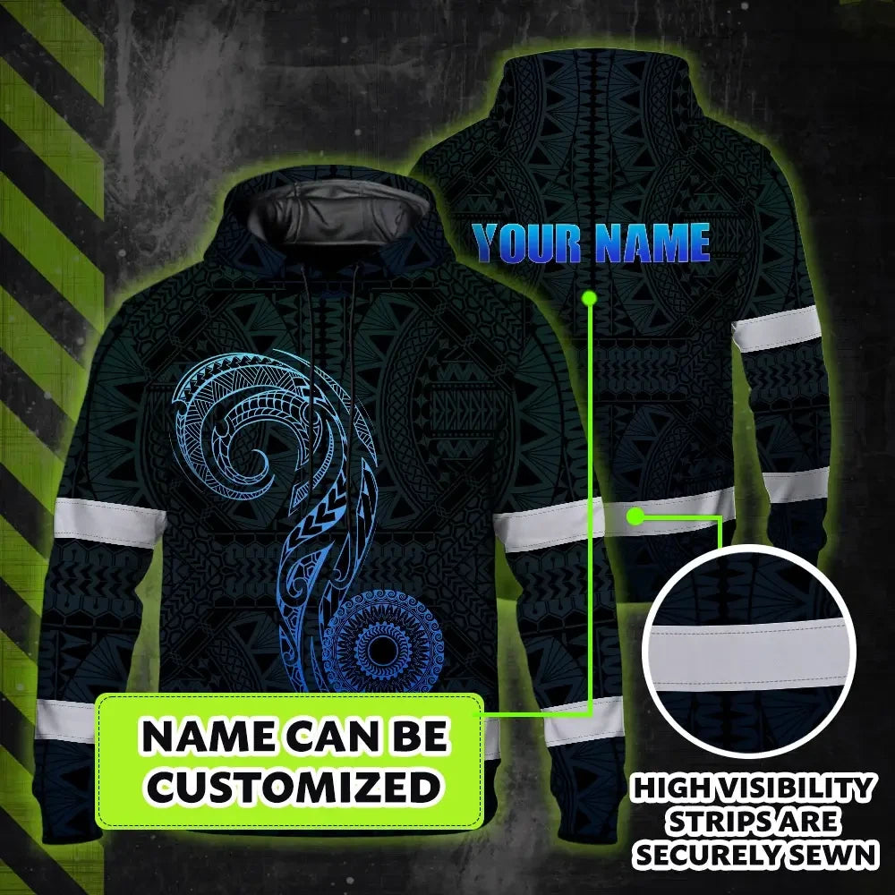 Hi Vis Hoodie Reflective Tapes Gradient Blue Neon Hawaii Custom Name Safety Workwear For Workers, Truckers, Operators