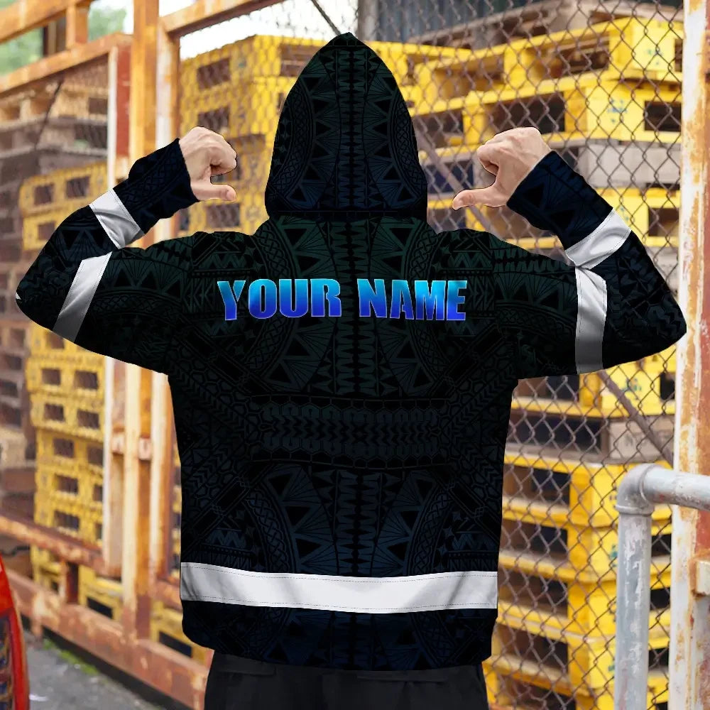 Hi Vis Hoodie Reflective Tapes Gradient Blue Neon Hawaii Custom Name Safety Workwear For Workers, Truckers, Operators