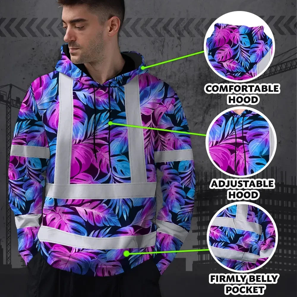 Hi Vis Hoodie Reflective Tapes Gradient Blue Violet Custom Name Safety Workwear For Workers, Truckers, Operators