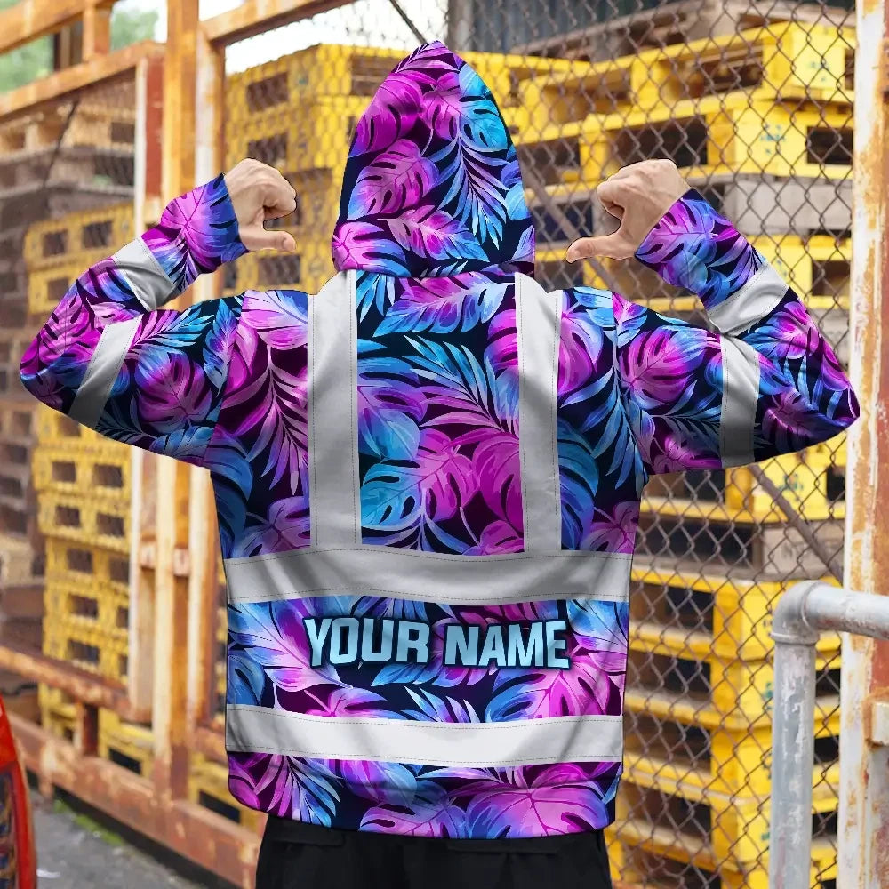 Hi Vis Hoodie Reflective Tapes Gradient Blue Violet Custom Name Safety Workwear For Workers, Truckers, Operators
