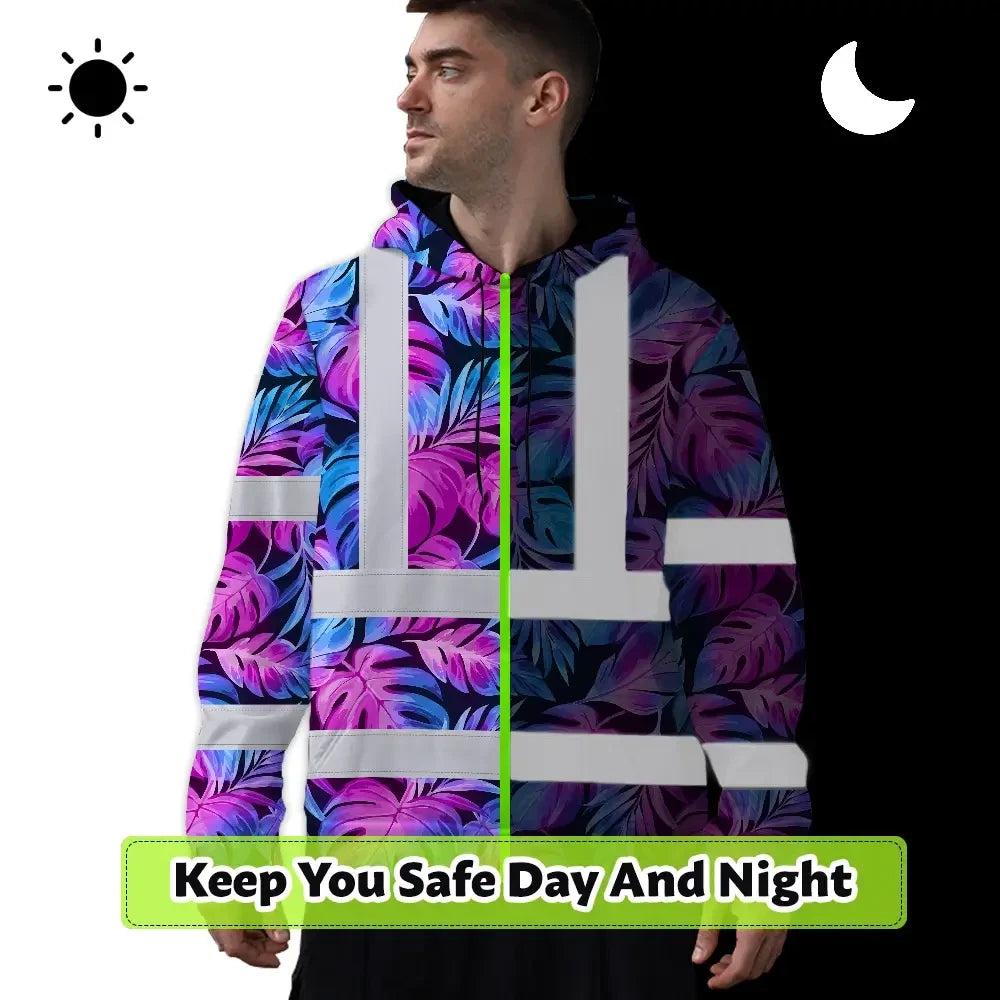 Hi Vis Hoodie Reflective Tapes Gradient Blue Violet Custom Name Safety Workwear For Workers, Truckers, Operators