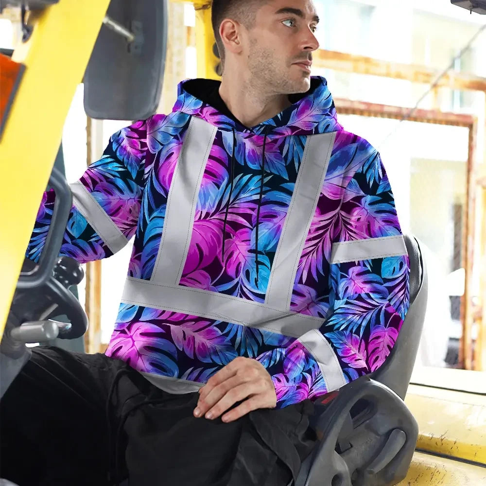 Hi Vis Hoodie Reflective Tapes Gradient Blue Violet Custom Name Safety Workwear For Workers, Truckers, Operators